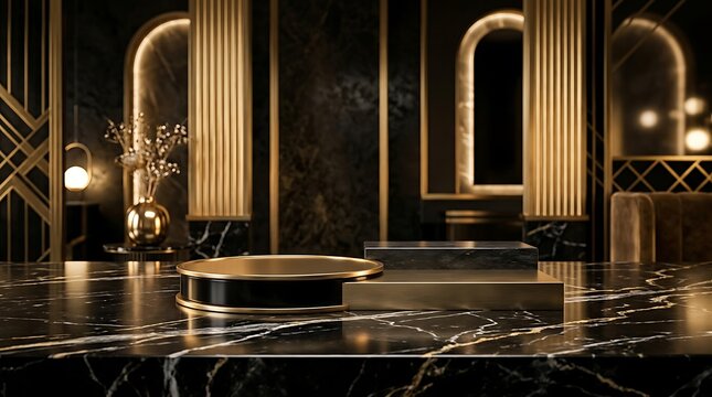 Empty product display podium with black marble surface and golden arch details in a luxurious modern interior room