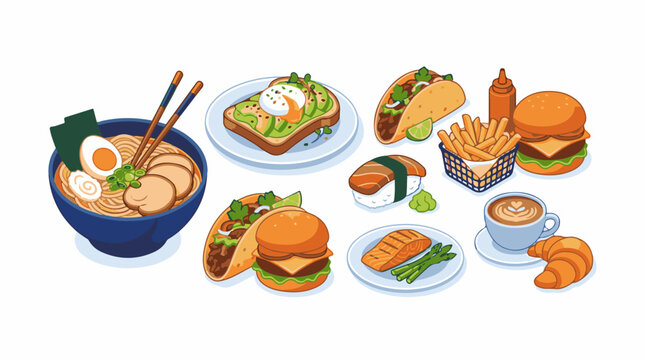 A colorful pixel art illustration of various international dishes