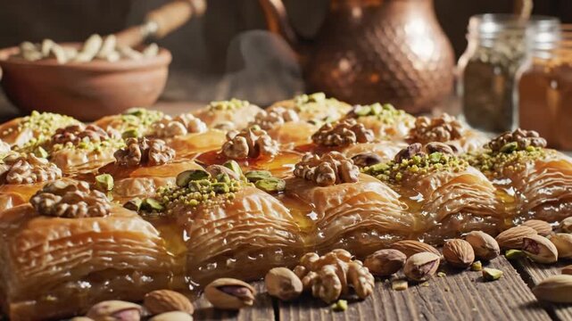 Delicious traditional baklava pastry topped with walnuts and pistachios, drizzled with sweet syrup, on a rustic wooden table