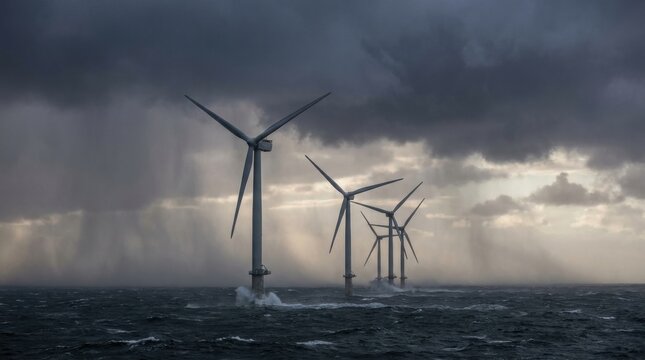 Offshore Wind Farm Under Stormy Skies: A row of imposing wind turbines stands resilient against the turbulent sea, silhouetted against dramatic, rain-streaked clouds.