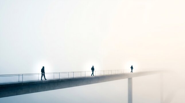 Mysterious anonymous silhouettes walking across modern bridge in heavy morning fog representing journey and unknown
