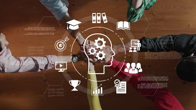 Collaborative Business Meeting with Mind Map and Graphic Elements Illustrating Ideas, Strategies, and Team Efforts on a Wooden Table Background Gluon.