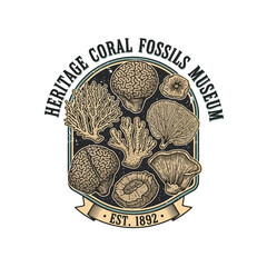 Heritage coral fossils museum illustration badge logo. © bear