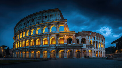 Fototapeta premium The illuminated ancient Roman Colosseum stands against a dramatic blue evening sky, showcasing its iconic arches and historic grandeur.