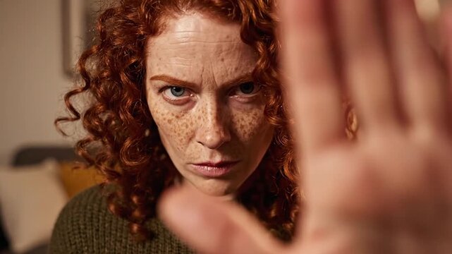Serious redhead woman holding her hand up in a stop gesture at home
