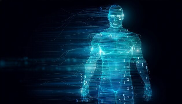 Digital human figure made of binary code and data streams on dark background