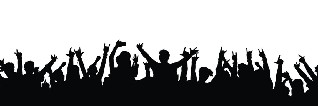 Energetic black silhouette of a lively concert crowd or music festival audience with their hands up, waving, making rock horns signs, and cheering against a clean white background.