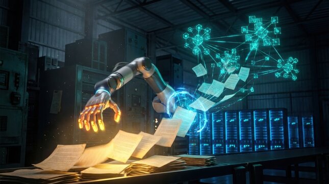 Robotic Arm Processing Data: A futuristic robotic arm efficiently sorts and processes documents, symbolizing advancements in automation and data management in an industrial setting.