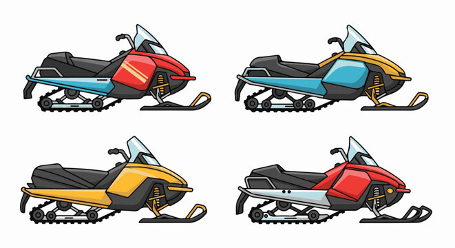 Four Snowmobiles in Different Colors Side View.