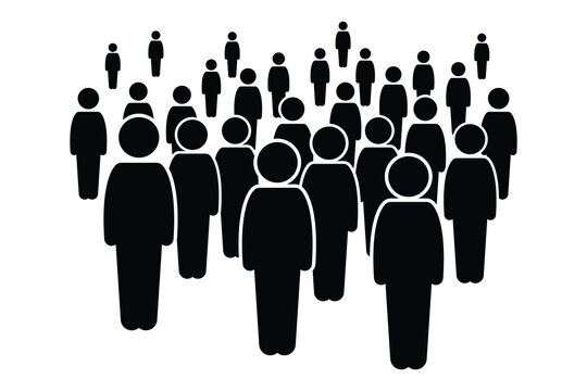 Minimalist infographic diagram showing a cluster of simple black stick-figure-like icons of people standing together, arranged in perspective with smaller figures in the back to suggest a large group 