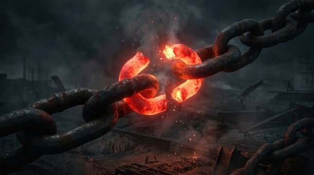 Breaking Chains of Oppression: A powerful image depicting rusty chains snapping apart, glowing with fiery intensity, against a desolate, war-torn landscape.