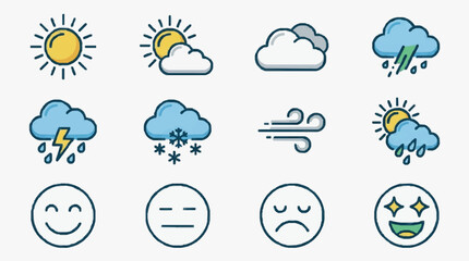 Obraz premium Modern Weather and Emotion Icons Set Colorful Sunny Cloudy Rainy Snowy Stormy Symbols with Happy Neutral Sad and Excited Faces