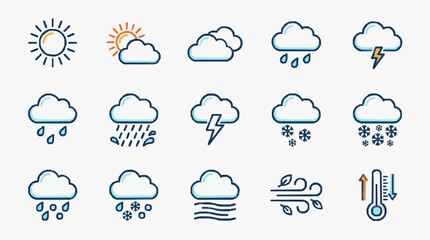 Obraz premium Corporate Weather Icons Set Minimalist Line Art Illustrations of Sunny Cloudy Stormy Snowy and Windy Conditions in Blue and Orange