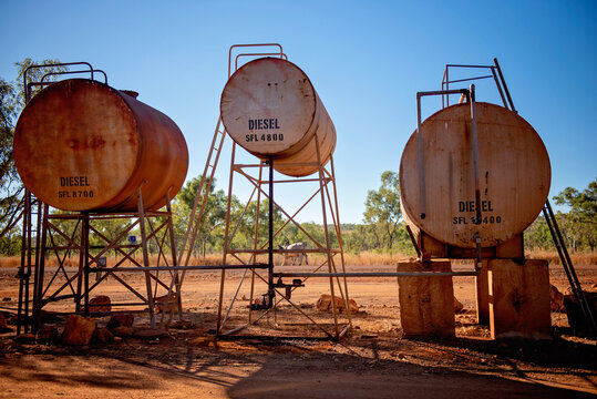 Remote Diesel fuel storage tanks in remote Australian Landscape