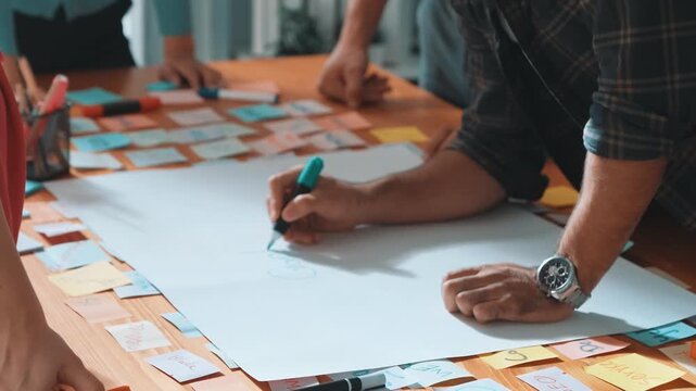 Close up of developer team using mind map to brainstorm idea. Top view of skilled group of business people working together writing marketing strategy by using markers and sticky notes. Symposium.