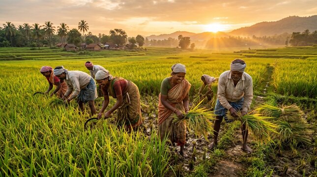 Group of Indian farmers manually harvesting rice crops in a beautiful terraced paddy field during a golden sunset
