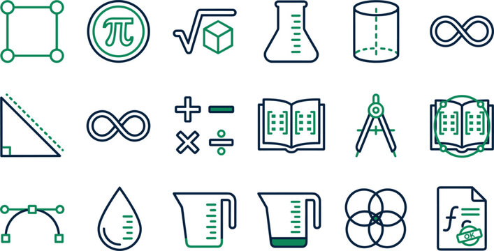 Mathematics and science line icon set containing pi formula geometry triangle infinity symbol calculator flask compass beaker matrix and function signs