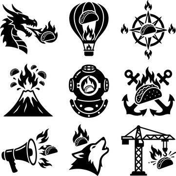 Fiery Taco Icons: Dragon Volcano Hot Air Balloon Compass Diver Anchor Megaphone Wolf Crane Designs
