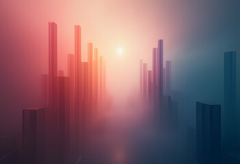 Fototapeta premium Abstract Digital City Skyline at Sunset – Futuristic Pixelated Foggy Background