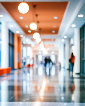 Blurred image of a modern, brightly lit hallway with hanging globe lights and indistinct people walking in the distance.