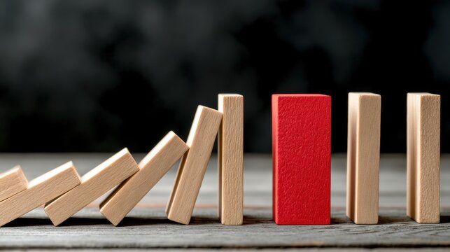 Domino Effect: A red block stands resiliently, halted the toppling of a line of wooden blocks, symbolizing resistance to change or a disruptive force.
