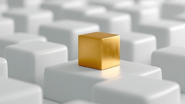 Standing Out in the Crowd: A solitary golden cube stands proudly on top of its white counterparts, symbolizing uniqueness and prominence amidst uniformity.