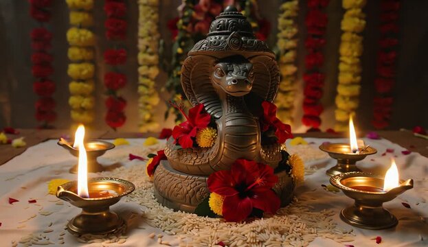 Nag Panchami Festival Background Featuring Traditional Snake Idol Decorated with Marigold Flowers and Burning Oil Lamps on Sacred Altar