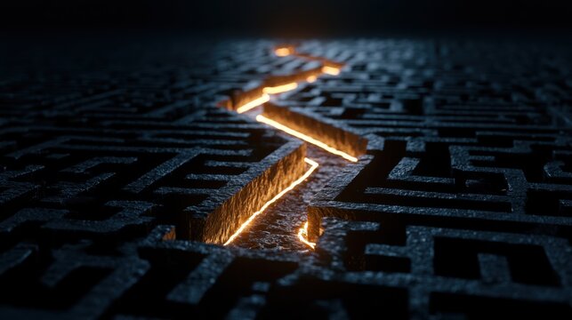 Illuminated Maze Path: A dark, complex maze with a glowing, fiery orange path cutting through it, symbolizing a breakthrough or solution in a challenging situation.