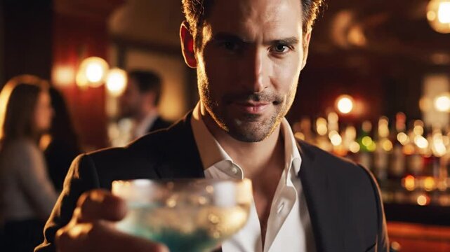 Handsome man in a suit holding a blue cocktail with a flirtatious look at a bar