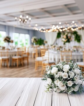 Elegant white rose bouquet on a wooden table in a bright, decorated event hall with blurred chairs and floral arrangements in the background.