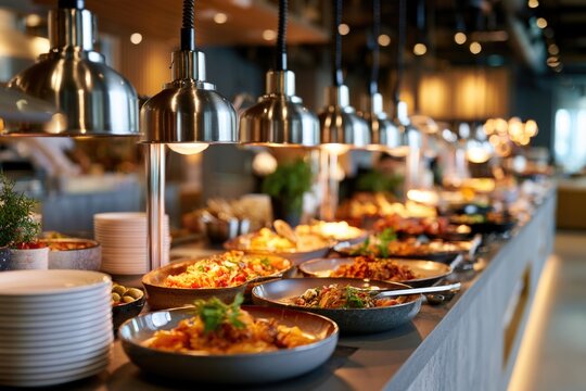A buffet spread with various hot dishes under warming lamps, featuring a cozy and elegant restaurant ambiance.