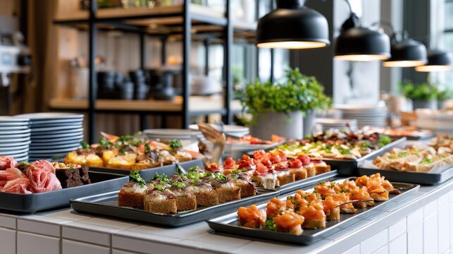 A variety of gourmet appetizers elegantly arranged on trays in a modern, well-lit restaurant setting with plants and dishware in the background.