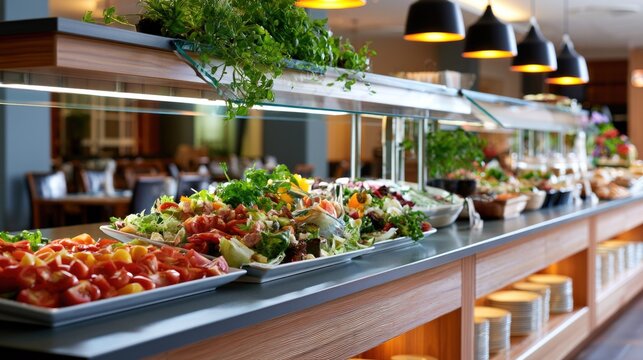 A vibrant buffet spread featuring fresh salads, vegetables, and various dishes under warm lighting in a modern dining setting.