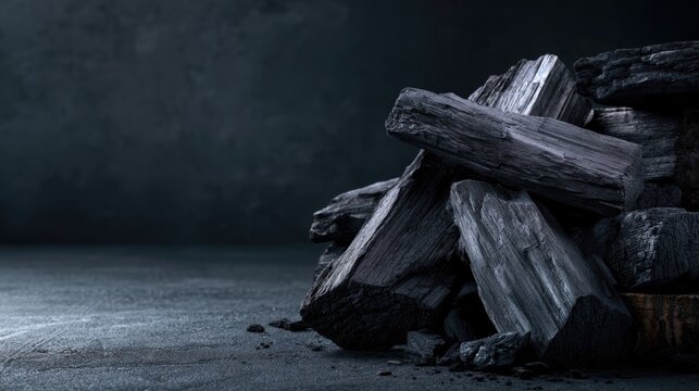 A pile of black charcoal logs stacked on a dark surface with a moody black background.