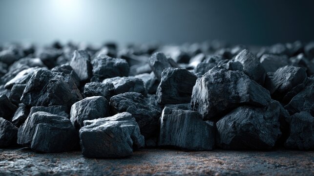 A close-up image of a pile of shiny black coal pieces on a textured surface with a blurred background.