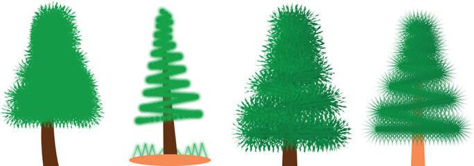 Set of four stylized green coniferous trees isolated on white background © Gfx