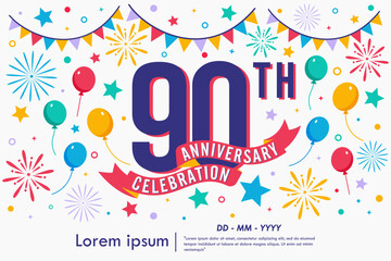 90th years anniversary celebration emblem logo isolated with balloons, bunting flag, ribbon, fireworks and stars. vector illustration template design for web, flyers, poster, greeting card  © thitiwat