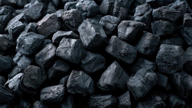 Close-up of black coal chunks piled together, showcasing their rough texture and natural irregular shapes.