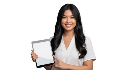 Fototapeta premium Smiling businesswoman holding tablet, blank screen, advertising, marketing, presentation, woman in white shirt