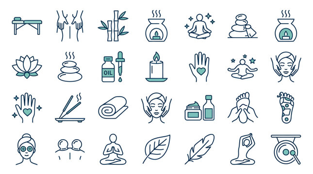Wellness and massage line icons for spa and holistic health