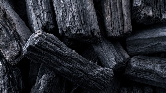 Close-up image of black charcoal briquettes stacked together, showcasing their rough texture and irregular shapes.