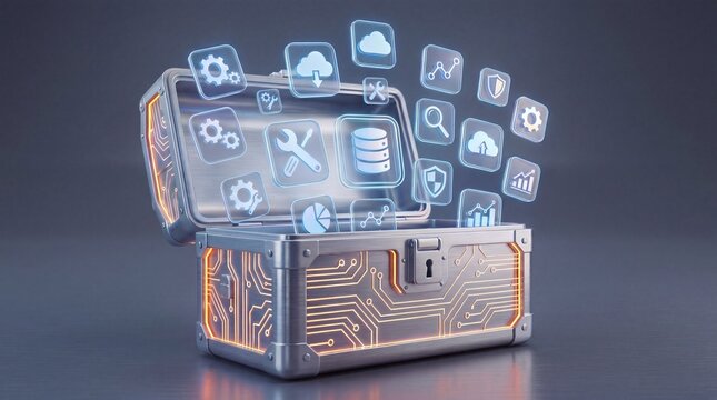 Opened digital tech chest floating with IT tool icons, data center construction, cloud hosting and system maintenance toolkit concept, corporate big data, cloud storage and cyber security solutions