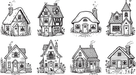 Naklejka premium Hand-Drawn Whimsical Cottage Illustrations Set - Coloring Book Style