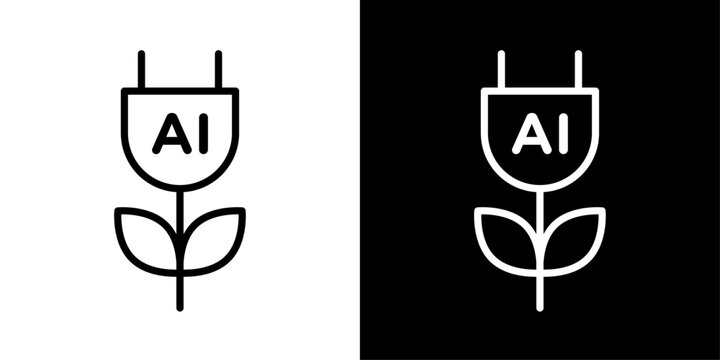 AI green energy outline icon with electric plug and leaf symbolizing smart renewable energy solutions.