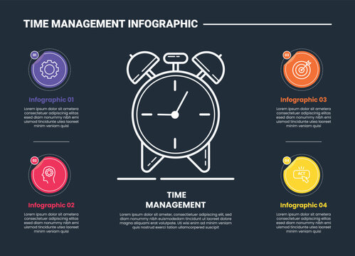 Time management infographic process diagram with alarm or weaker clock centralized with circle badge on quadrant structure with dark background bright outline style 4 points