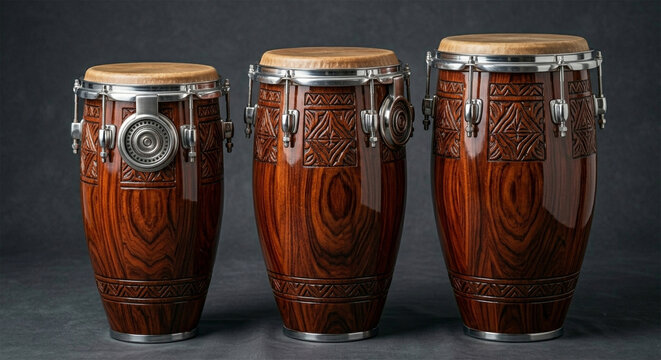 A professional product studio shot of three conga drums of varying sizes (quinto, conga, and tumba), standing on a seamless, dark grey background 