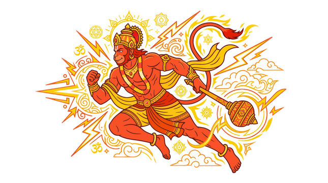 Powerful monkey deity running with a mace in dynamic orange hues