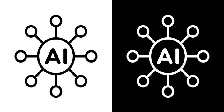 AI integration icon in outline style featuring artificial intelligence core connected to multiple nodes representing system integration, API connectivity, data synchronization, and intelligent automat