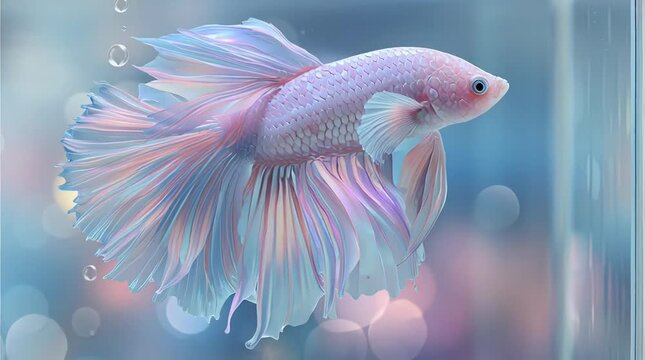Elegant White Betta Fish with Flowing Fins in Soft Pastel Aquarium Background