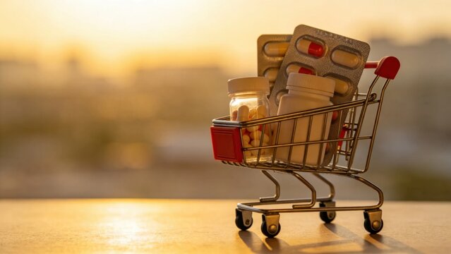 Shopping cart figurine carrying blister packs and medicine c